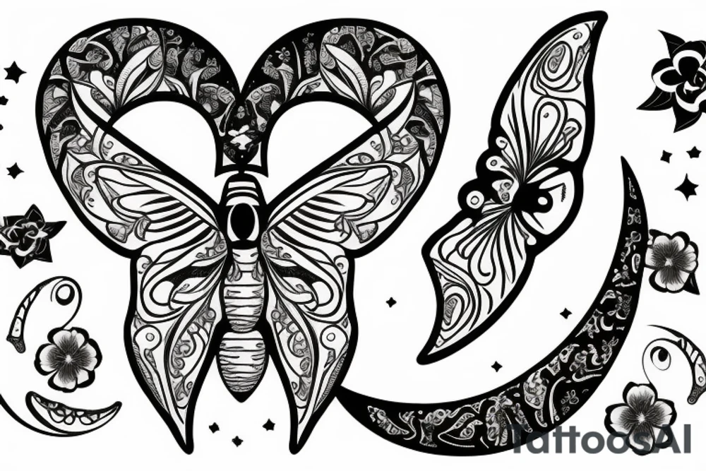 moth with crescent moon and flowers tattoo idea