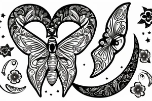 moth with crescent moon and flowers tattoo idea