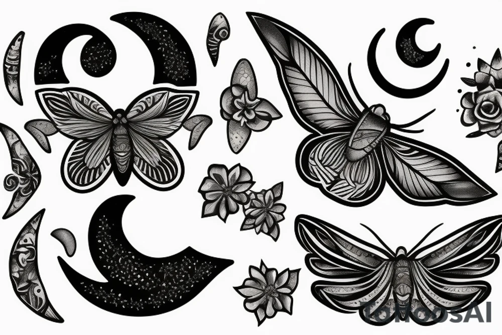 moth with crescent moon and flowers tattoo idea