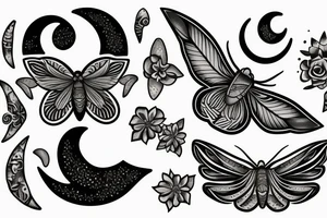 moth with crescent moon and flowers tattoo idea