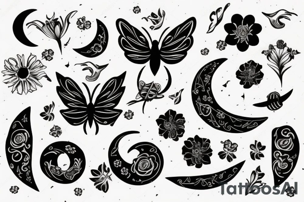 moth with crescent moon and flowers tattoo idea