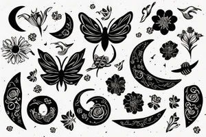 moth with crescent moon and flowers tattoo idea