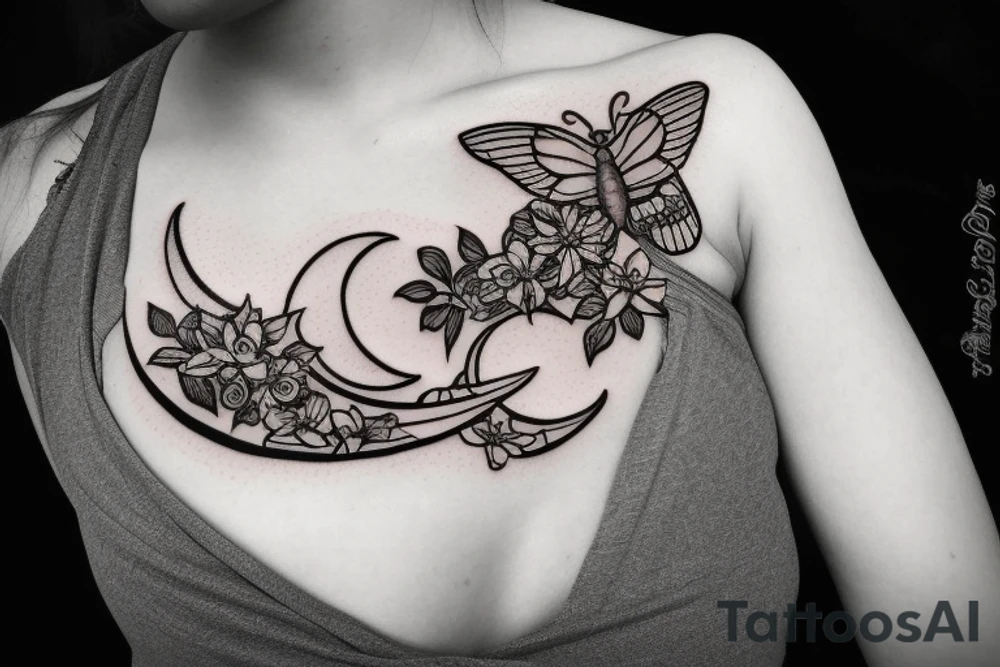 moth with crescent moon and flowers tattoo idea