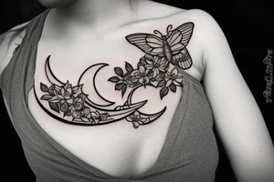 moth with crescent moon and flowers tattoo idea