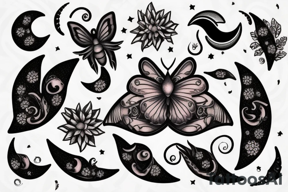 moth with crescent moon and flowers tattoo idea