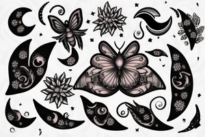 moth with crescent moon and flowers tattoo idea