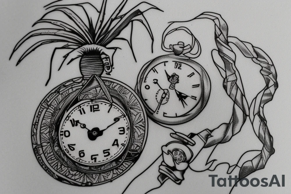 A pocket watch with no dials, covering the pocket watch theres a hammock that connected to 2 palm trees, inside of the hammock is the white rabbit from  Alice in Wonderland laying there look chill and happy tattoo idea