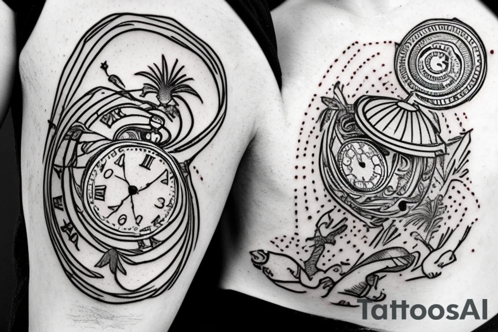 A pocket watch with no dials, covering the pocket watch theres a hammock that connected to 2 palm trees, inside of the hammock is the white rabbit from  Alice in Wonderland laying there look chill and happy tattoo idea