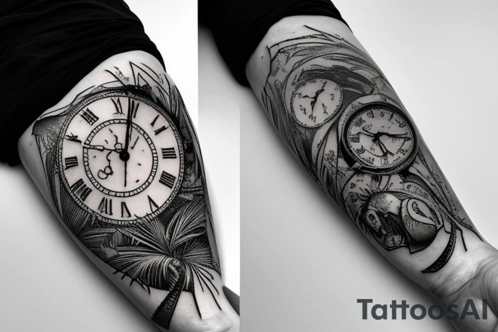 A pocket watch with no dials, covering the pocket watch theres a hammock that connected to 2 palm trees, inside of the hammock is the white rabbit from  Alice in Wonderland laying there look chill and happy tattoo idea
