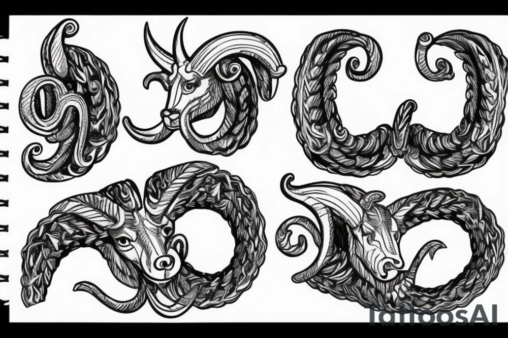 full curl ram horns with horns in the shape of a capital letter G tattoo idea