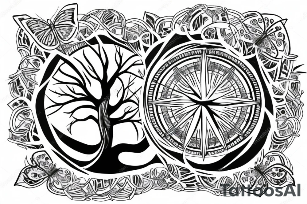 Tree of life without leaves, a compass and a butterfly tattoo idea