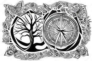 Tree of life without leaves, a compass and a butterfly tattoo idea
