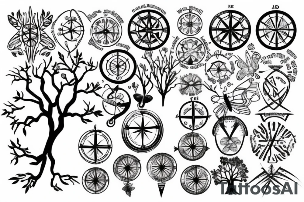 Tree of life without leaves, a compass and a butterfly tattoo idea