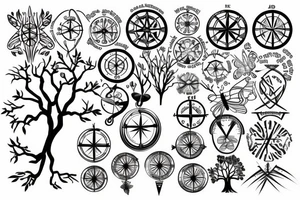 Tree of life without leaves, a compass and a butterfly tattoo idea
