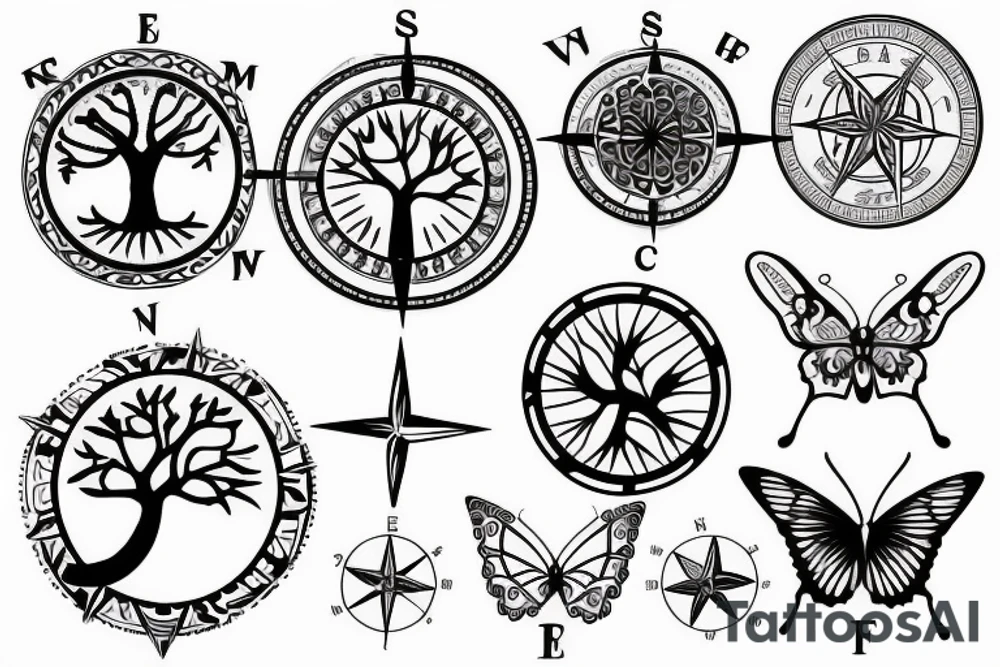Tree of life without leaves, a compass and a butterfly tattoo idea