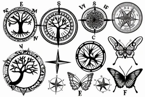 Tree of life without leaves, a compass and a butterfly tattoo idea