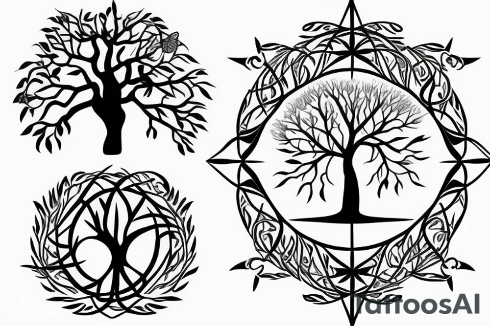 Tree of life without leaves, a compass and a butterfly tattoo idea