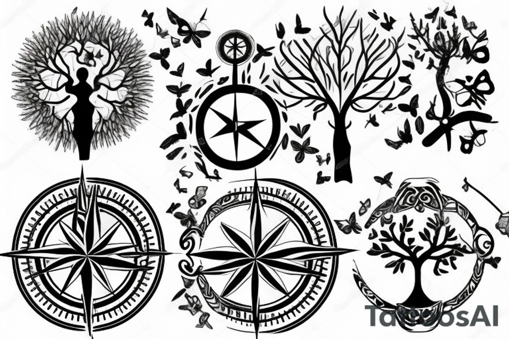 Tree of life without leaves, a compass and a butterfly tattoo idea