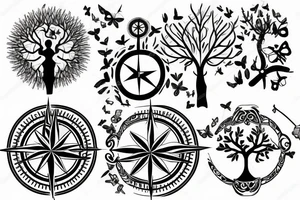 Tree of life without leaves, a compass and a butterfly tattoo idea