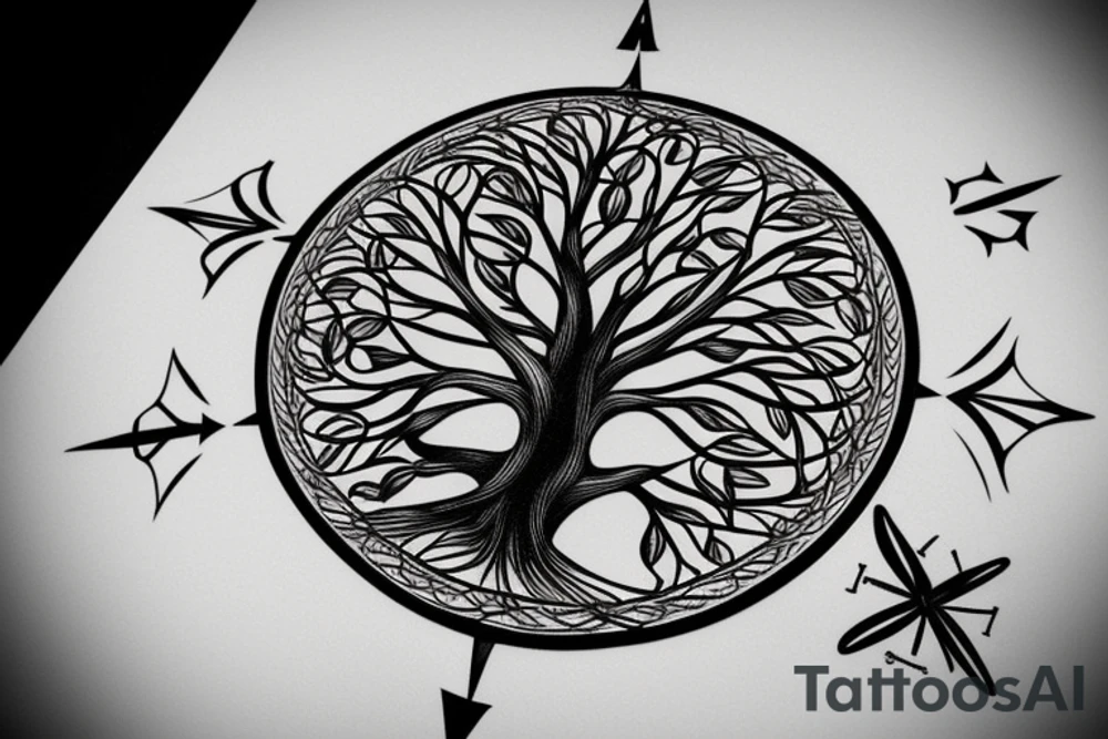 Tree of life without leaves, a compass and a butterfly tattoo idea
