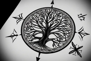 Tree of life without leaves, a compass and a butterfly tattoo idea