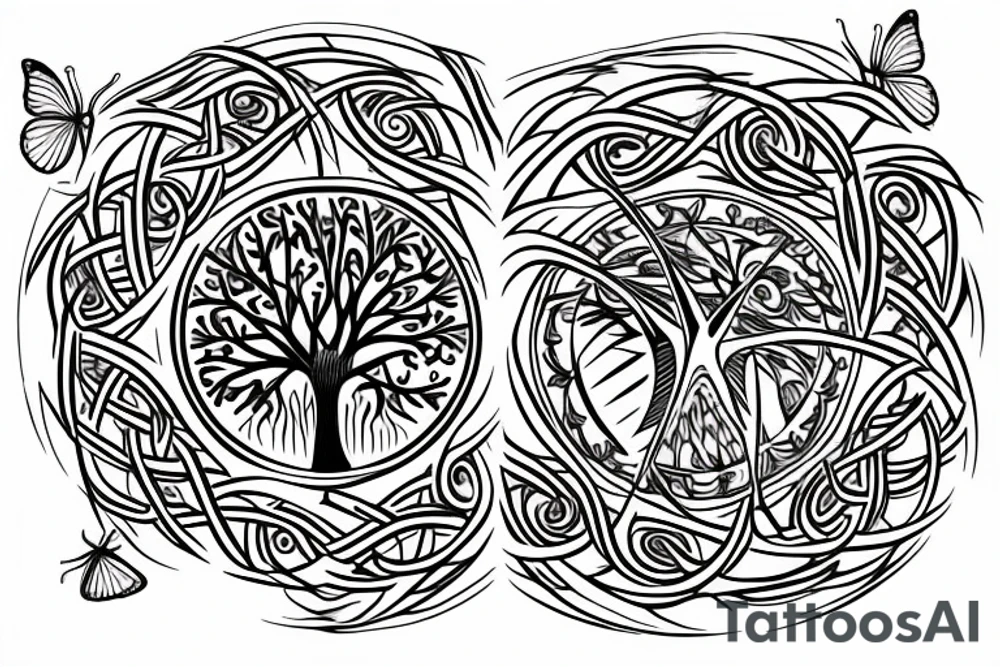 Tree of life without leaves, a compass and a butterfly tattoo idea