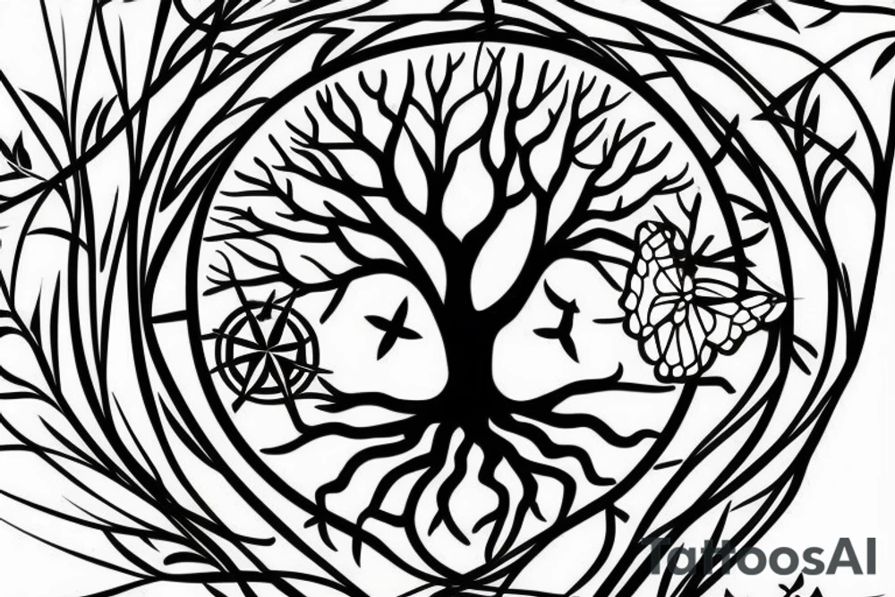 Tree of life without leaves, a compass and a butterfly tattoo idea