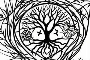 Tree of life without leaves, a compass and a butterfly tattoo idea