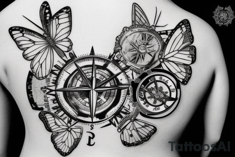 a broken compass with a butterfly on lower back tattoo idea a broken compass with a butterfly on lower back tattoo idea