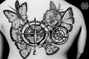 a broken compass with a butterfly on lower back tattoo idea