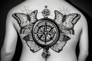 a broken compass with a butterfly on lower back tattoo idea