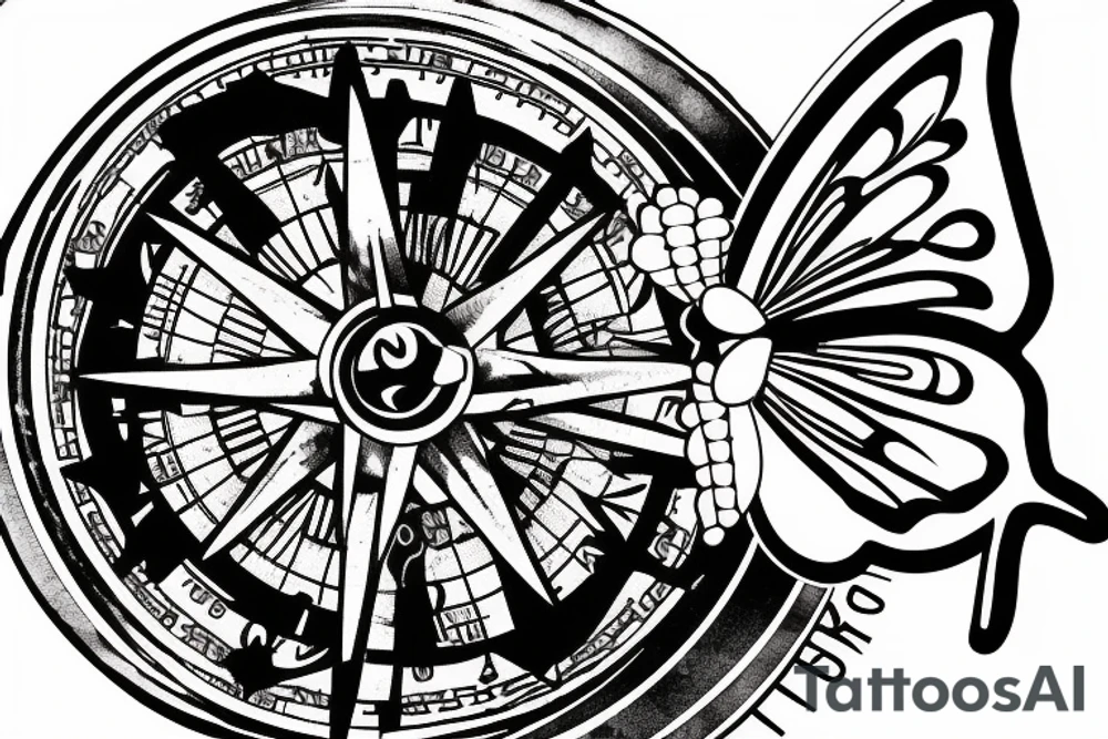 a broken compass with a butterfly on lower back tattoo idea