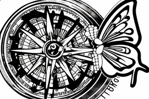a broken compass with a butterfly on lower back tattoo idea