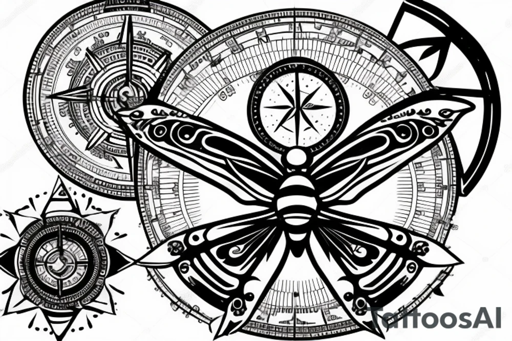 a broken compass with a butterfly on lower back tattoo idea