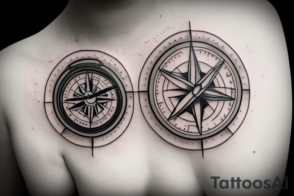 a small broken compass with a butterfly, thin lines tattoo idea