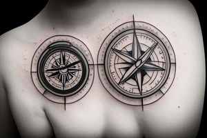 a small broken compass with a butterfly, thin lines tattoo idea
