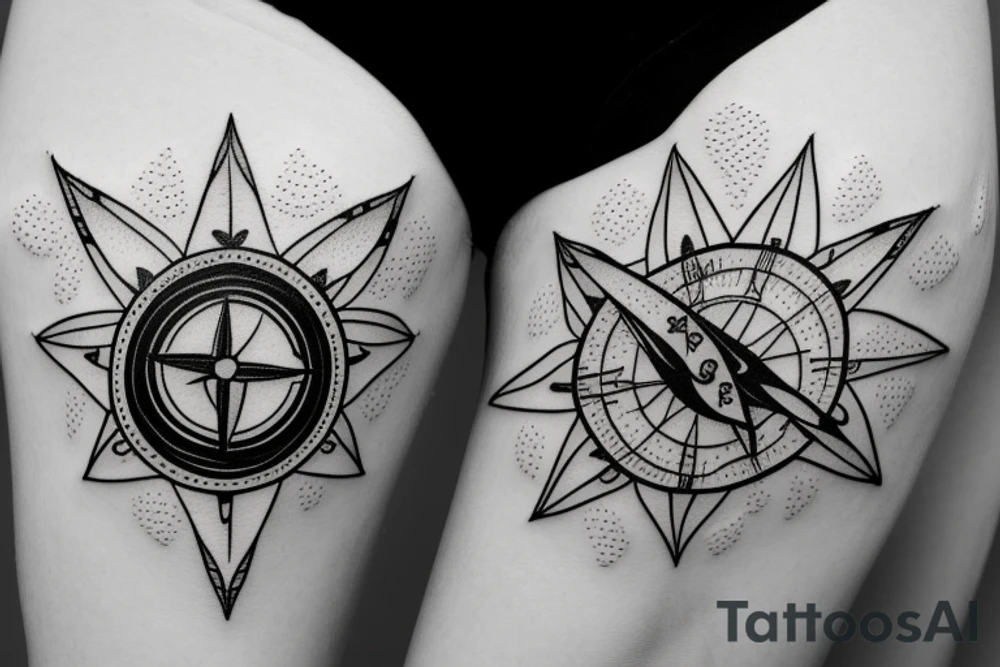 a small broken compass with a butterfly, thin lines tattoo idea
