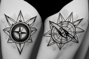 a small broken compass with a butterfly, thin lines tattoo idea