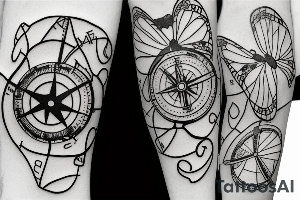 a small broken compass with a butterfly, thin lines tattoo idea