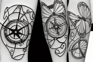a small broken compass with a butterfly, thin lines tattoo idea