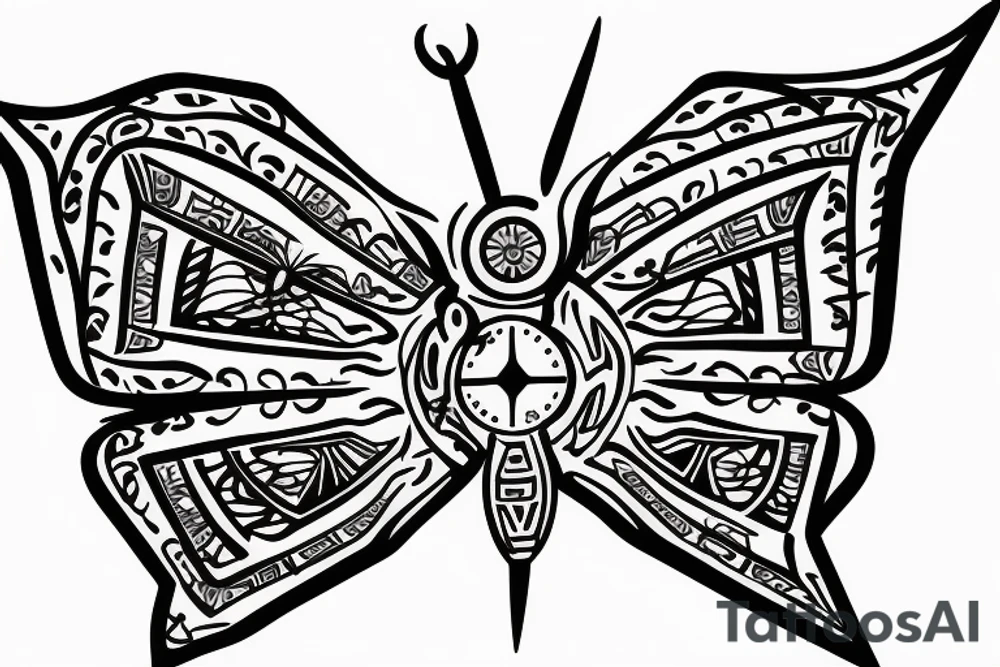 a small broken compass with a butterfly, thin lines tattoo idea