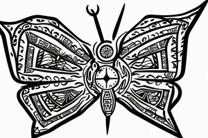 a small broken compass with a butterfly, thin lines tattoo idea