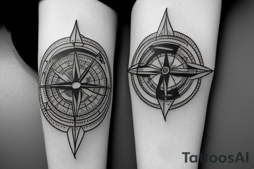 a small broken compass with a butterfly, thin lines tattoo idea