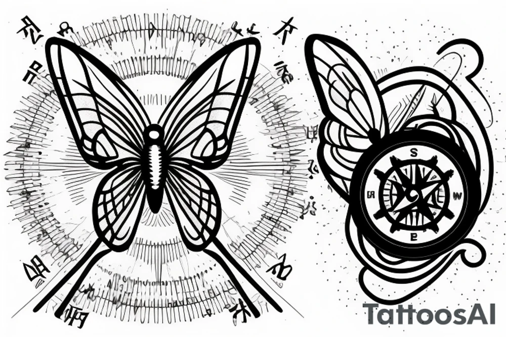 a small broken compass with a butterfly, thin lines tattoo idea