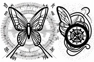 a small broken compass with a butterfly, thin lines tattoo idea