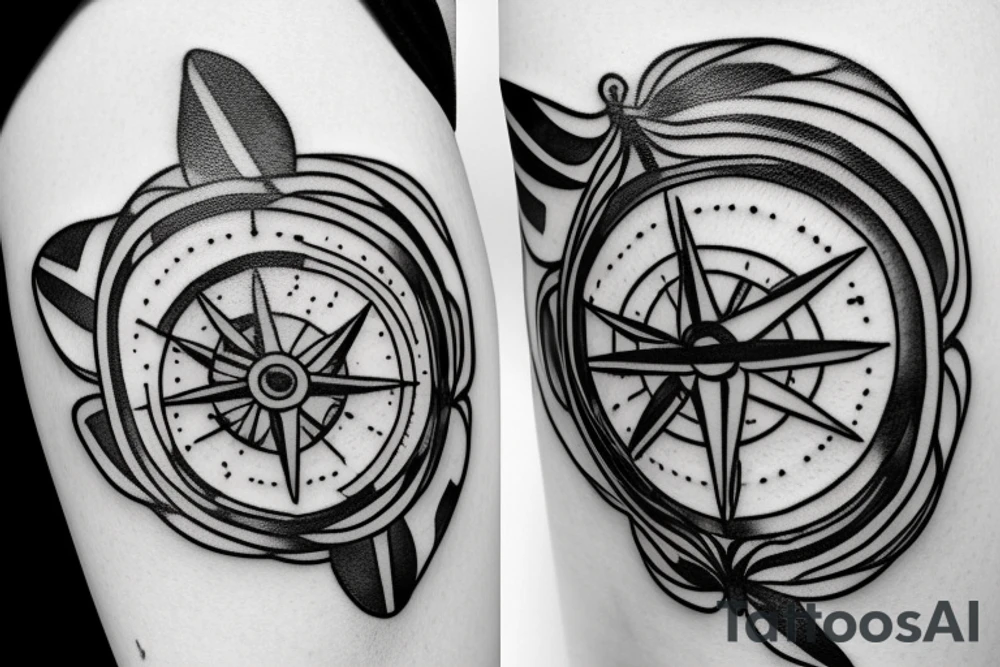 a small broken compass with a butterfly, thin lines tattoo idea