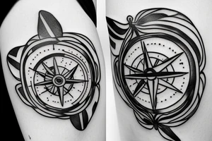 a small broken compass with a butterfly, thin lines tattoo idea