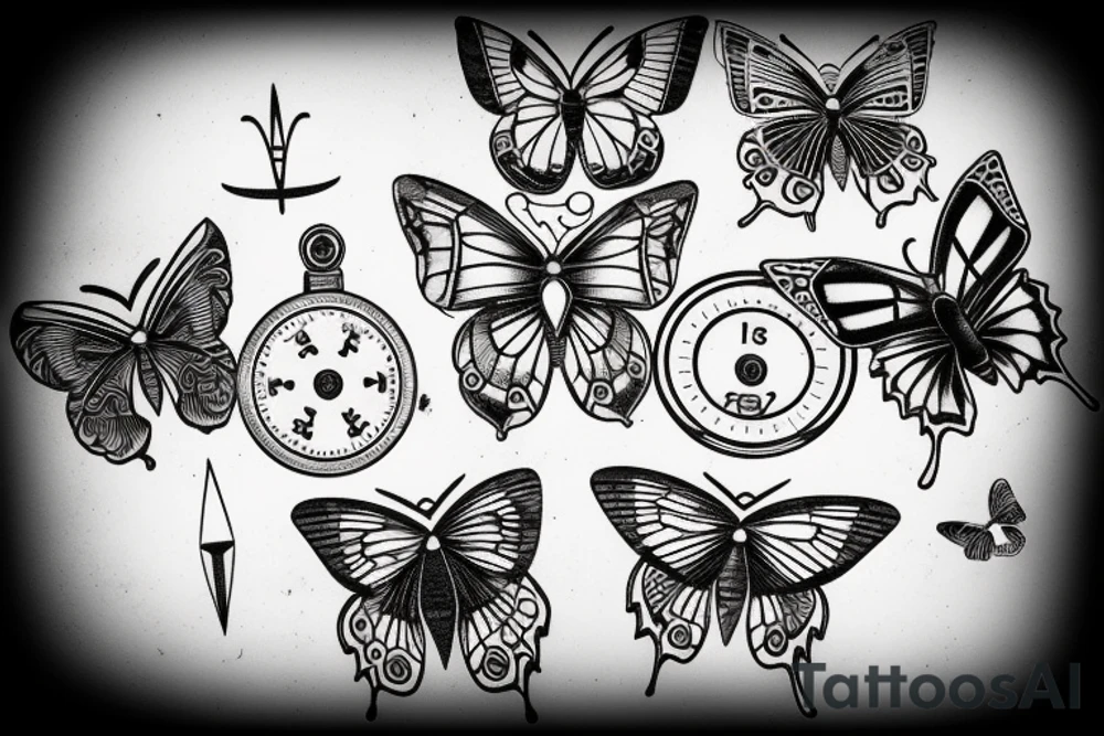 a small broken compass with a butterfly, thin lines tattoo idea a small broken compass with a butterfly, thin lines tattoo idea