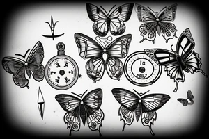 a small broken compass with a butterfly, thin lines tattoo idea