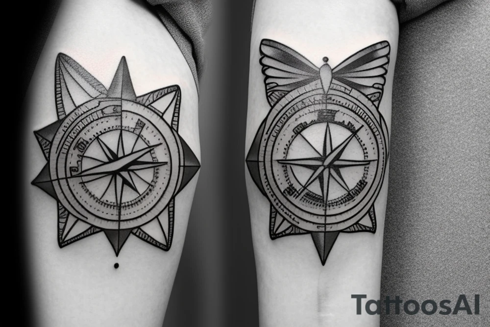 a small broken compass with a butterfly, thin lines tattoo idea a small broken compass with a butterfly, thin lines tattoo idea